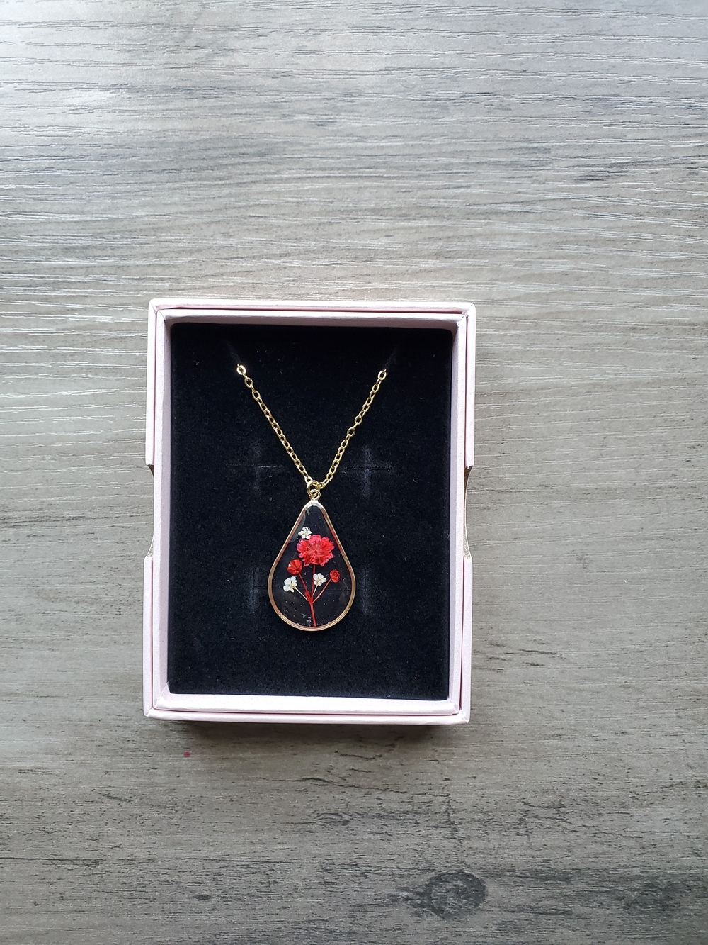Gold Teardrop Necklace with Red Floral Pendant